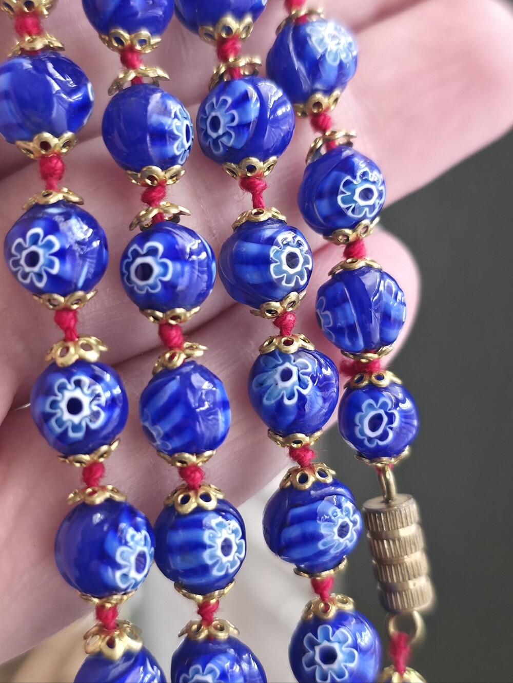 Vintage Murano Necklace Millefiori Blue White Glass Beads - Picture 5 of 9